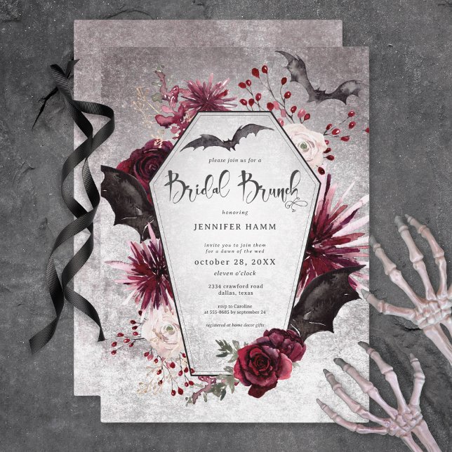 Convites Bridal Gótica Black & Burgundy (Gothic Black & Burgundy Spooky Bridal Brunch Invitation)