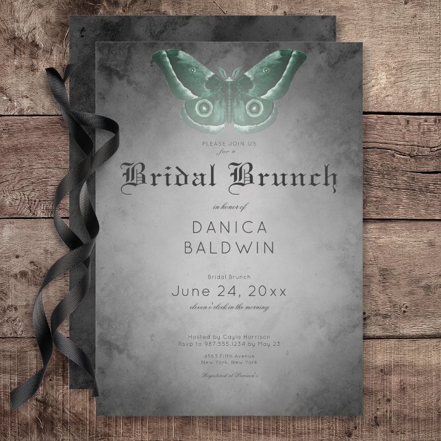 Convites Bridal Gótica Black Watercolor Verde (Gothic Black Watercolor Green Moth Bridal Brunch Invitation)