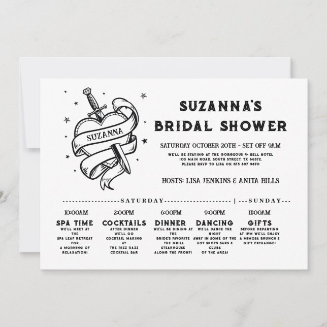 Convites Bridal Itinerária Bachelorette Rock n Roll Heart (Frente)
