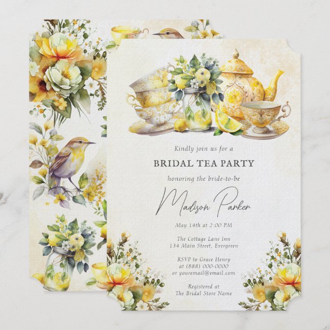 Convites Bridal Lemon Tea Party Vintage (Frente/Verso)