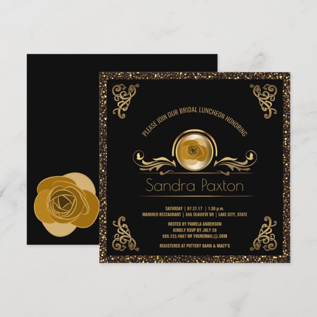 Convites Bridal Lunchee Preto Dourado| Chá de panela de cas (Frente/Verso)