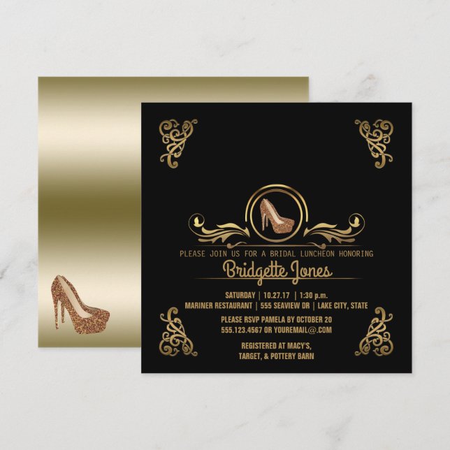 Convites Bridal Lunchee Preto Dourado| Chá de panela de cas (Frente/Verso)