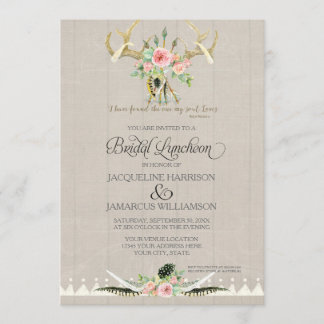 Convites Bridal Luncheon BOHO Feather Deer Antler Rosas Art