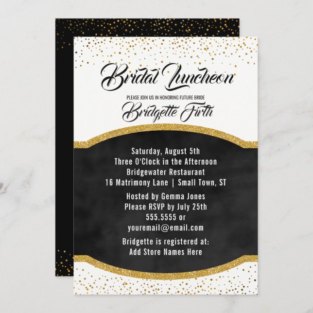 Convites Bridal Luncheon | Chá de panela brilhante Dourado  (Frente/Verso)