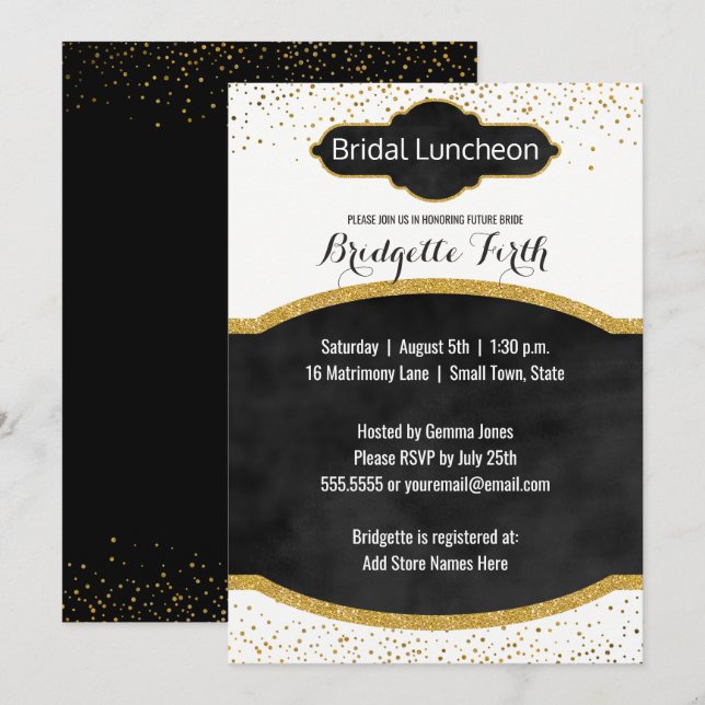 Convites Bridal Luncheon | Chá de panela brilhante Dourado  (Frente/Verso)