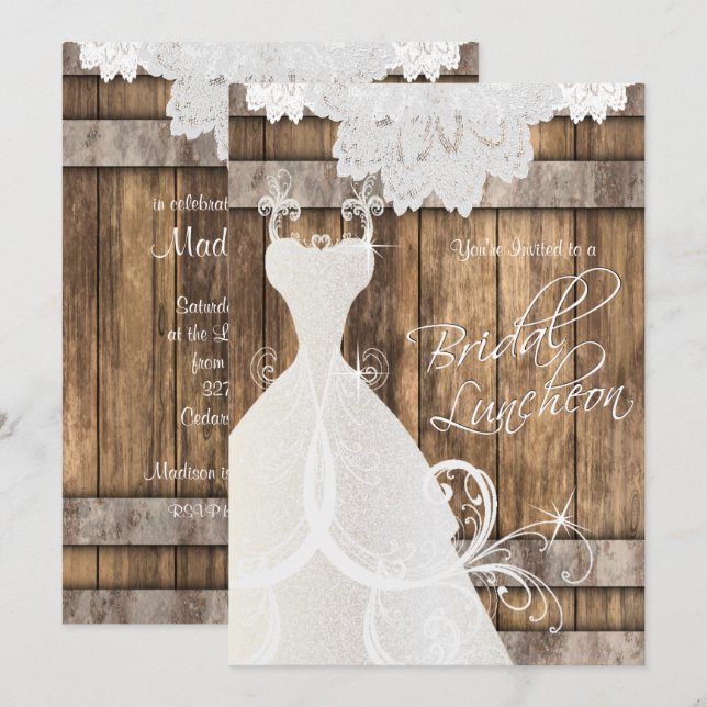 Convites Bridal Luncheon em Madeira e renda russos (Frente/Verso)