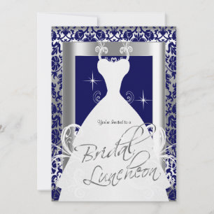 Convites Bridal Luncheon em Marinho Blue Damask & Silver