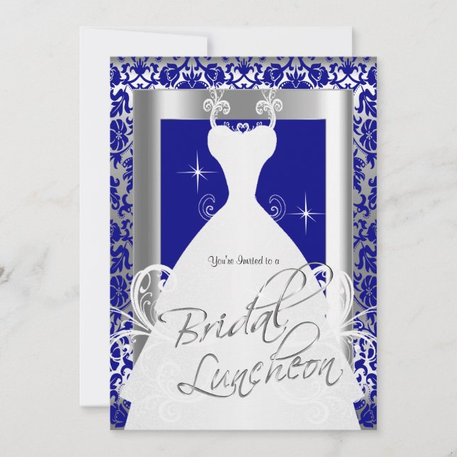 Convites Bridal Luncheon em Royal Blue Damask & Silver (Frente)