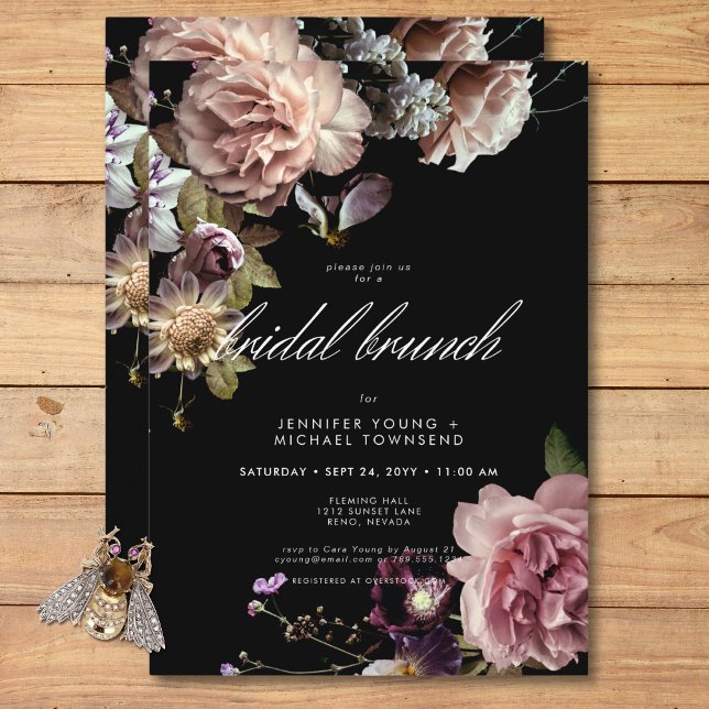 Convites Bridal Orgulhosa Opulente de Pastel Escuro Brunch (Dark Moody Pastel Opulent Floral Bridal Brunch Invitation)