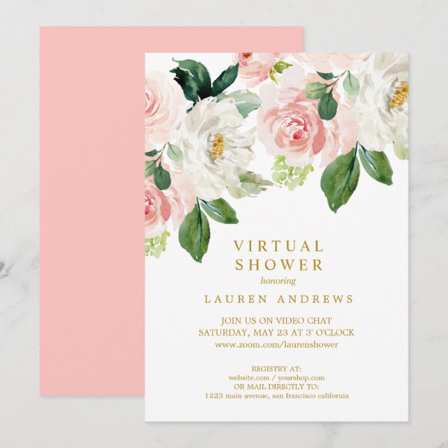 Convites Bridal ou Chá de fraldas Virtual Dourado com Blush (Frente/Verso)
