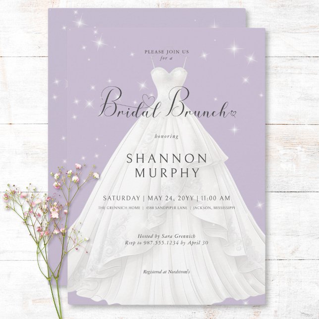 Convites Bridal Roxo de Casamento Moderno Bridal Brunch (Modern Wedding Dress Purple Sparkle Bridal Brunch Invitation)