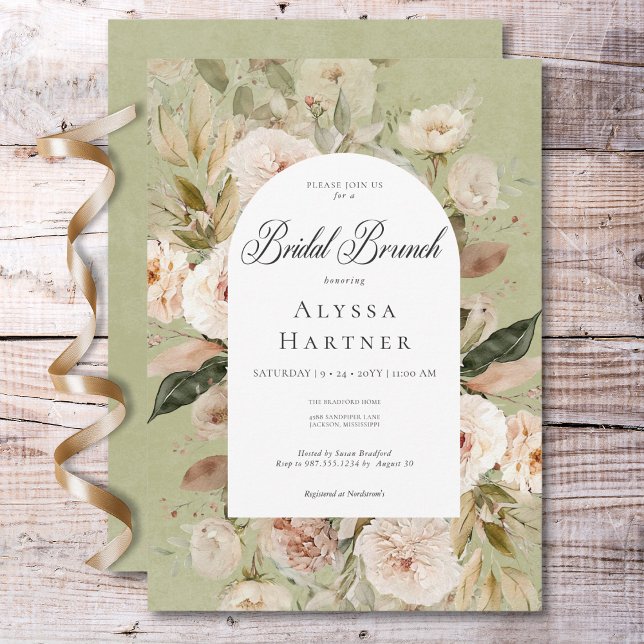 Convites Bridal Rústica Do Arco Floral Verde Rústico (Rustic Neutral Tan Cream Green Arch Bridal Brunch Invitation)