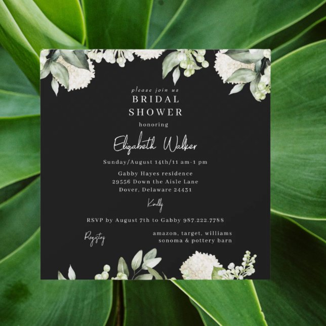 Convites Bridal Shower Black White Hydrangea Square (Criador carregado)