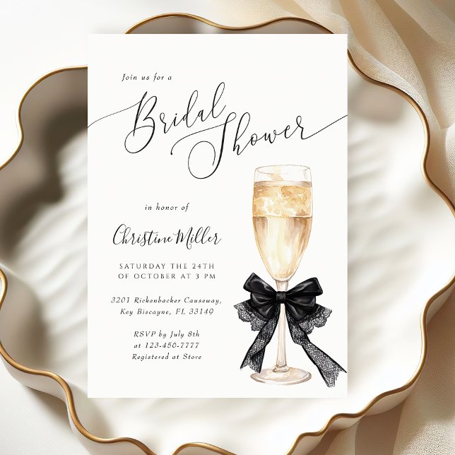 Convites Bridal Shower Champagne Invitation with Black Bow  (Criador carregado)