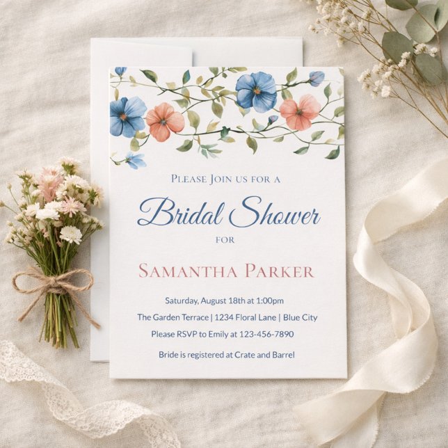 Convites Bridal Shower Dusty Blue Elegant Wildflower (Criador carregado)