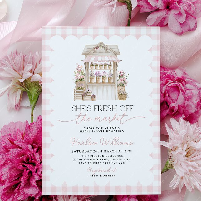 Convites Bridal Shower Fresh off the Market Flower Market  (Pink Gingham Flower Cart Bridal Shower Invitation )