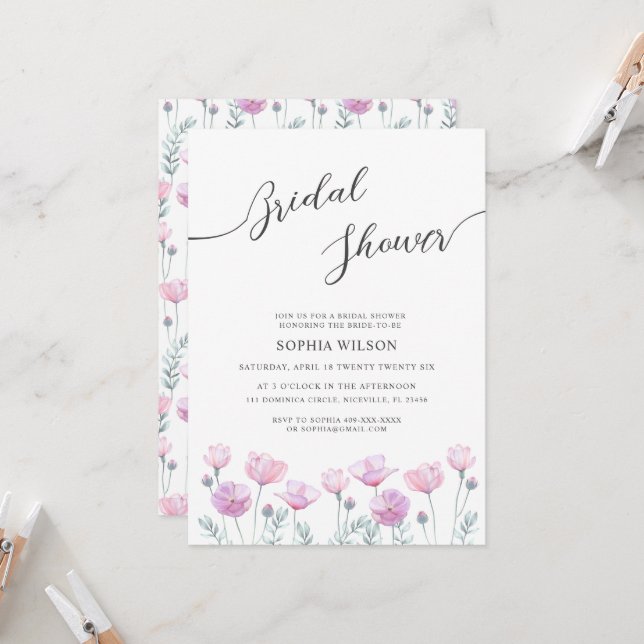 Convites Bridal Shower Invitation delicate flowers. (Frente/Verso In Situ)