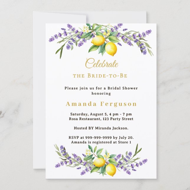 Convites Bridal Shower lavender florals lemons (Frente)