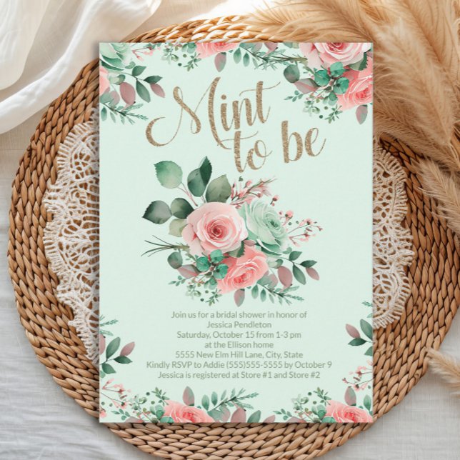 Convites Bridal Shower Mint to Be Pink Roses Greenery (Elegant Mint to Be Bridal Shower invitation)