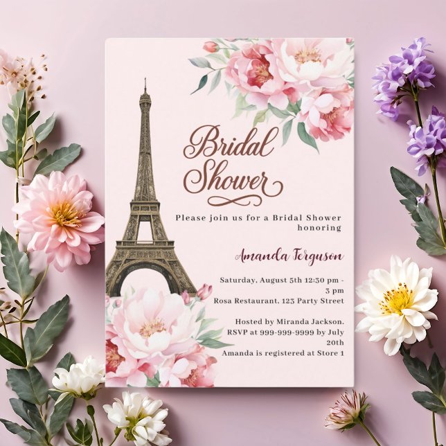 Convites Bridal shower Paris Eiffel tower pink flowers (Criador carregado)