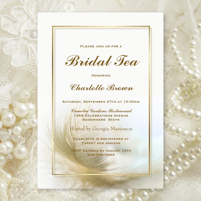 Convites Bridal Tea Elegante Dourada Feather (Criador carregado)