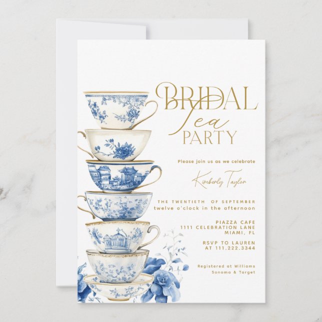 Convites Bridal Tea Party Chinoiserie Chá de panela Azul (Frente)
