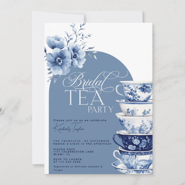 Convites Bridal Tea Party Dusty Chá de Chinoiserie Azul (Frente)