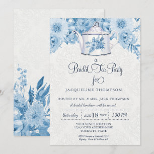 Convites Bridal Tea Party Watercolor Marinho Blue White Flo