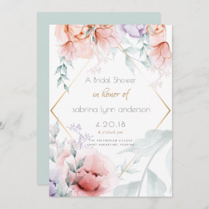 Convites Bridal Trendy Coral e Lilac Aquarelle Peonies
