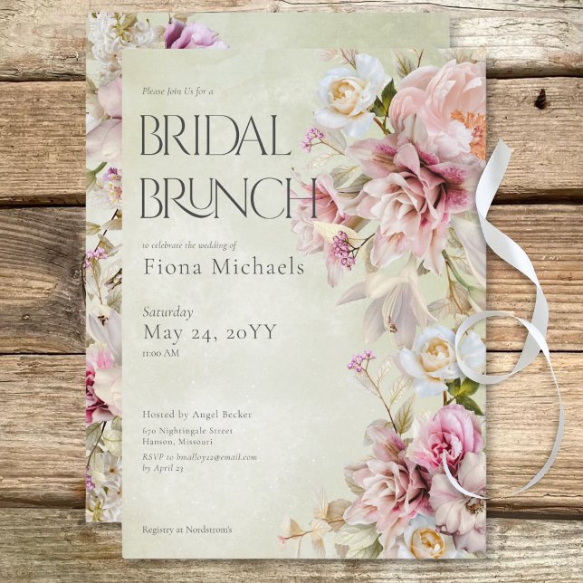Convites Bridal Verde de Rosas Rosa Modernas e Lírios (Delicate Modern Pink Rose & Lily Green Bridal Brunch Invitation)