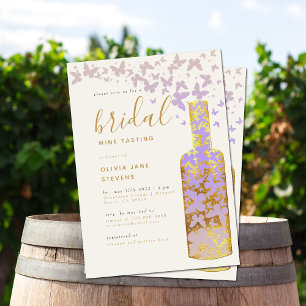 Convites Bridal Wine Provando Dourado Lilás Borboletas Boho