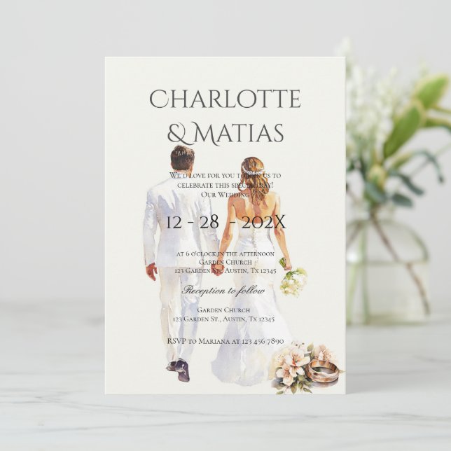 Convites bride and groom silhouette Boho Floral Wedding  (Em pé/Frente)