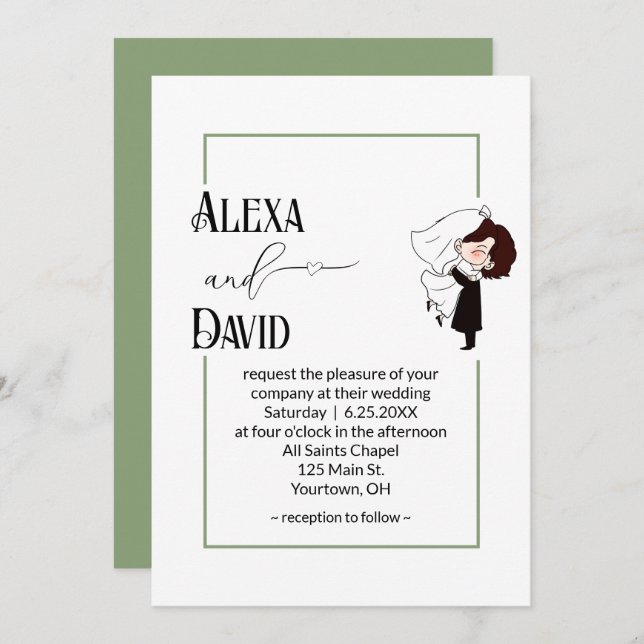 Convites Bride and Groom with Sage Green Border (Frente/Verso)