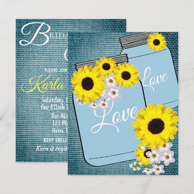 Convites BRIDE & CO Teal Blue Burlap Partido do Chá de Gira (Frente/Verso)