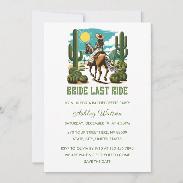 Convites Bride Last Ride Cowgirl Bachelorette Party (Frente)