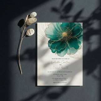 Convites Bride's Teal Floral Gold Wedding Invitation Card