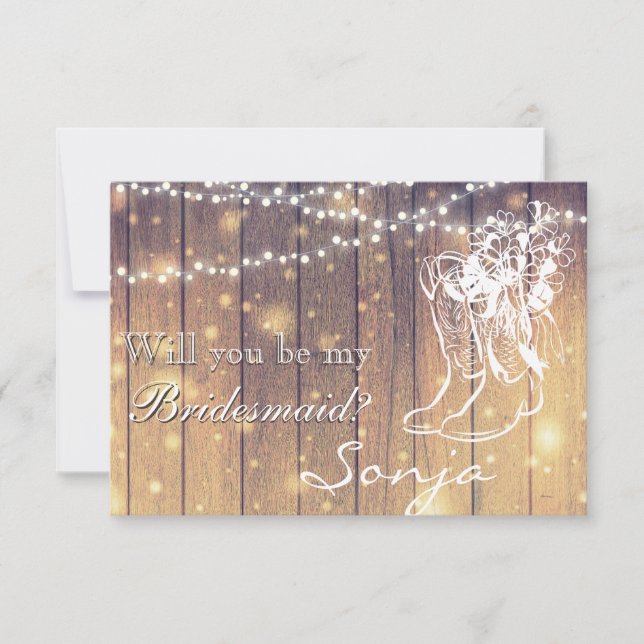 Convites Bridesmaid - Botas de cowboy, Madeira com Luzes (Frente)