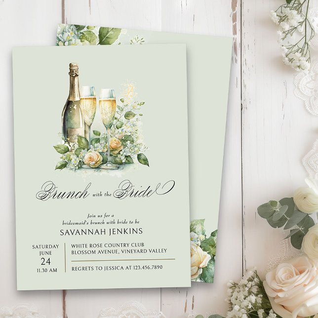 Convites Bridesmaid Brunch com o Floral do Champanhe Bride (Brunch with the Bride floral champagne bridesmaid's brunch invitation on light sage green)
