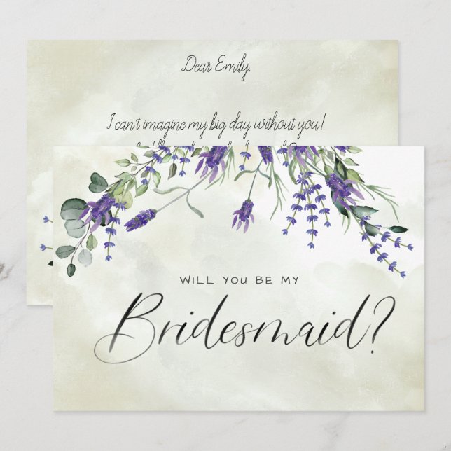 Convites Bridesmaid de Script de Aquarela Floral da lavanda (Frente/Verso)