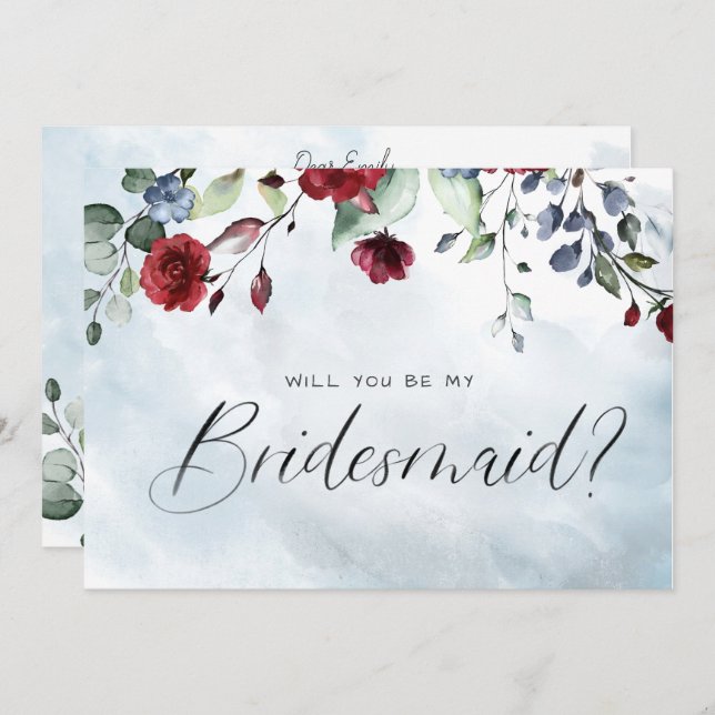Convites Bridesmaid de Script Floral de Aquarela Azul (Frente/Verso)