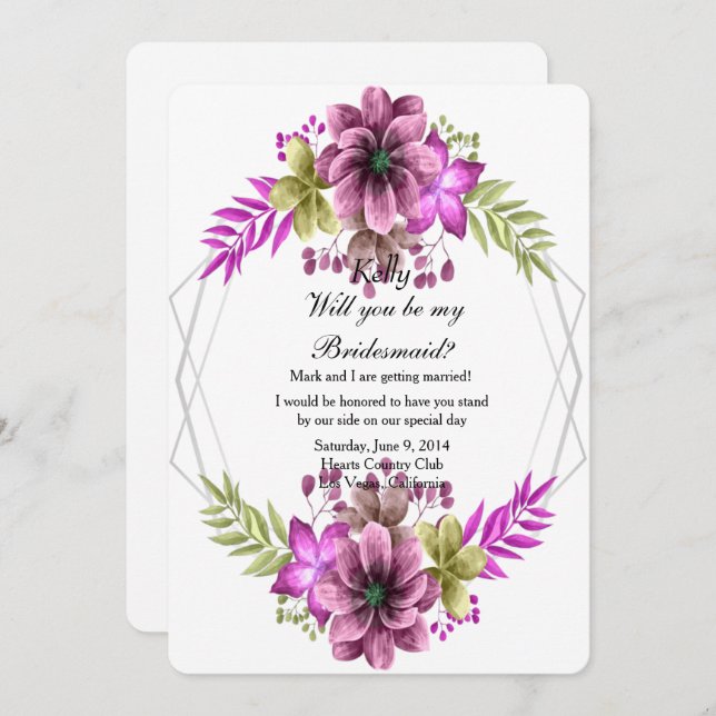 Convites Bridesmaid Floral De Cor Verde E Rosa (Frente/Verso)
