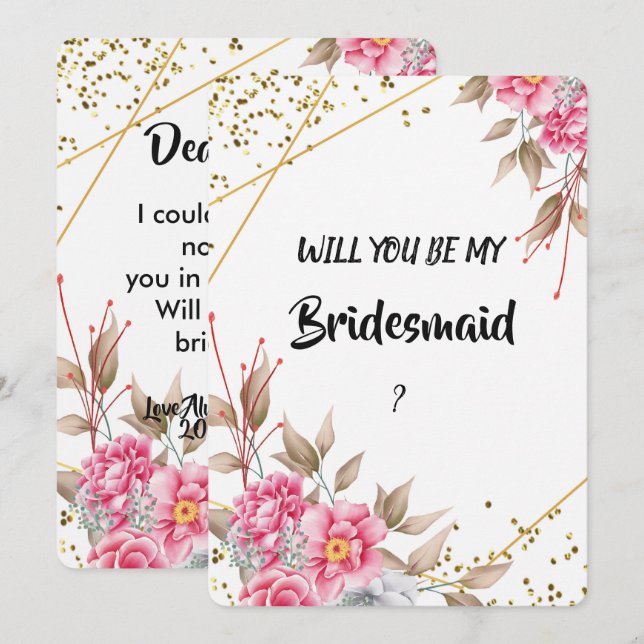 Convites Bridesmaid Floral Rosa-Rosa-Quadro Geométrico Dour (Frente/Verso)