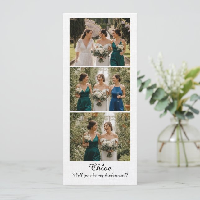 Convites Bridesmaid Photo Strip 3 Pictures Proposal Card (Em pé/Frente)