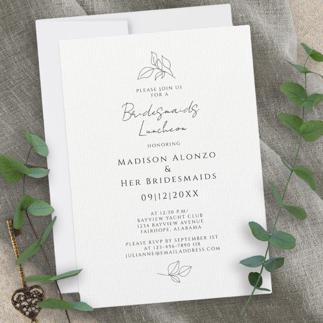 Convites Bridesmaids Elegante Deixa preto e branco (Elegant Bridesmaids Luncheon Leaves Black & White Invitation)