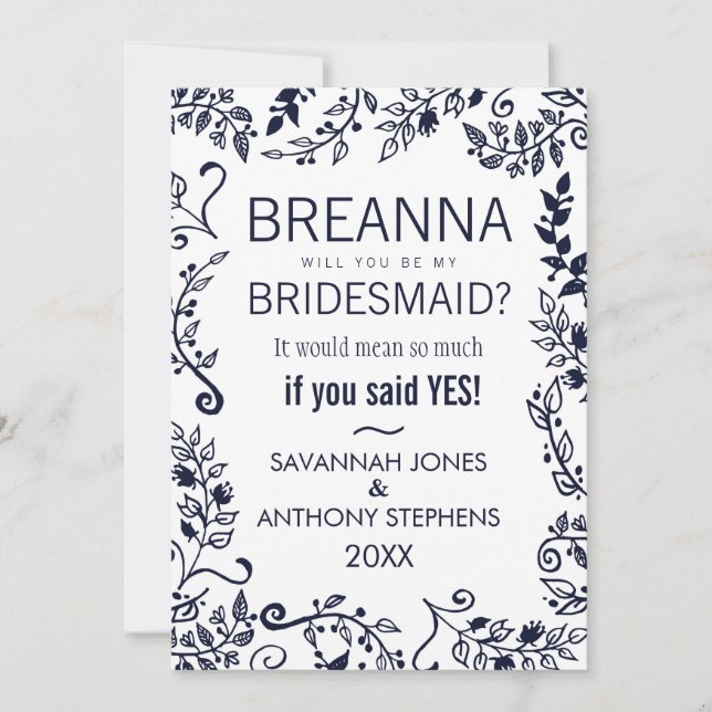 Convites Bridesmaids Florais Branco e Azul do Marinho Elega (Frente)