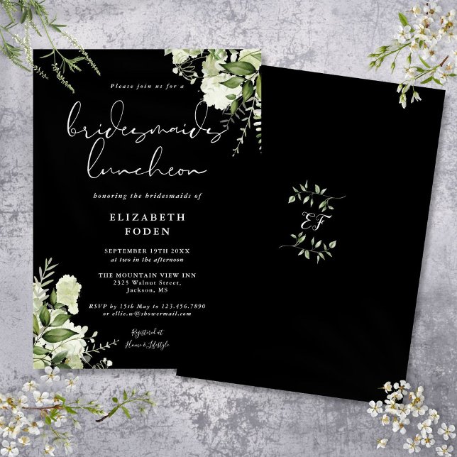 Convites Bridesmaids Florais Negra E Branca (Black And White Floral Bridesmaids Luncheon Invitation)