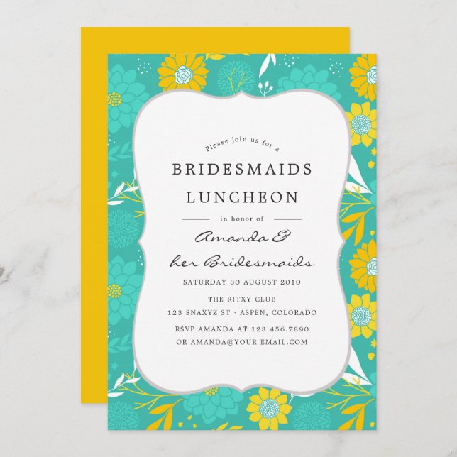 Convites Bridesmaids Floral Amarelo e Teal (Frente/Verso)