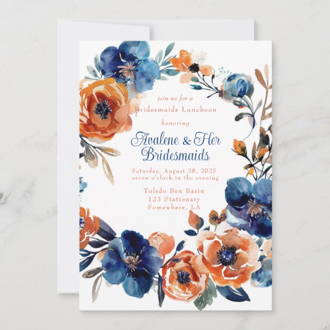 Convites Bridesmaids Floral Azul e Laranja Luncheias (Frente)