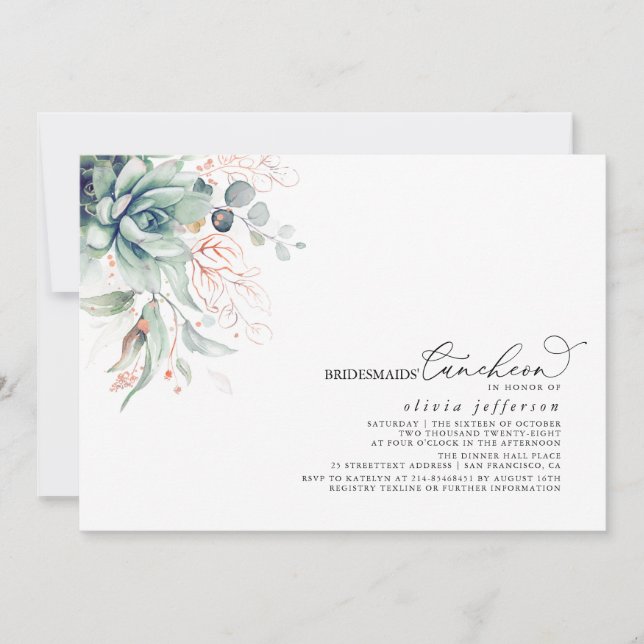Convites Bridesmaids Luncheon Succult Chá de panela Invi (Frente)