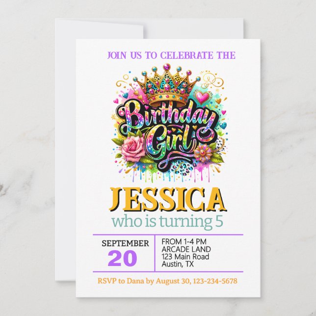 Convites Bright and Colorful Princess Crown Birthday Girl (Frente)